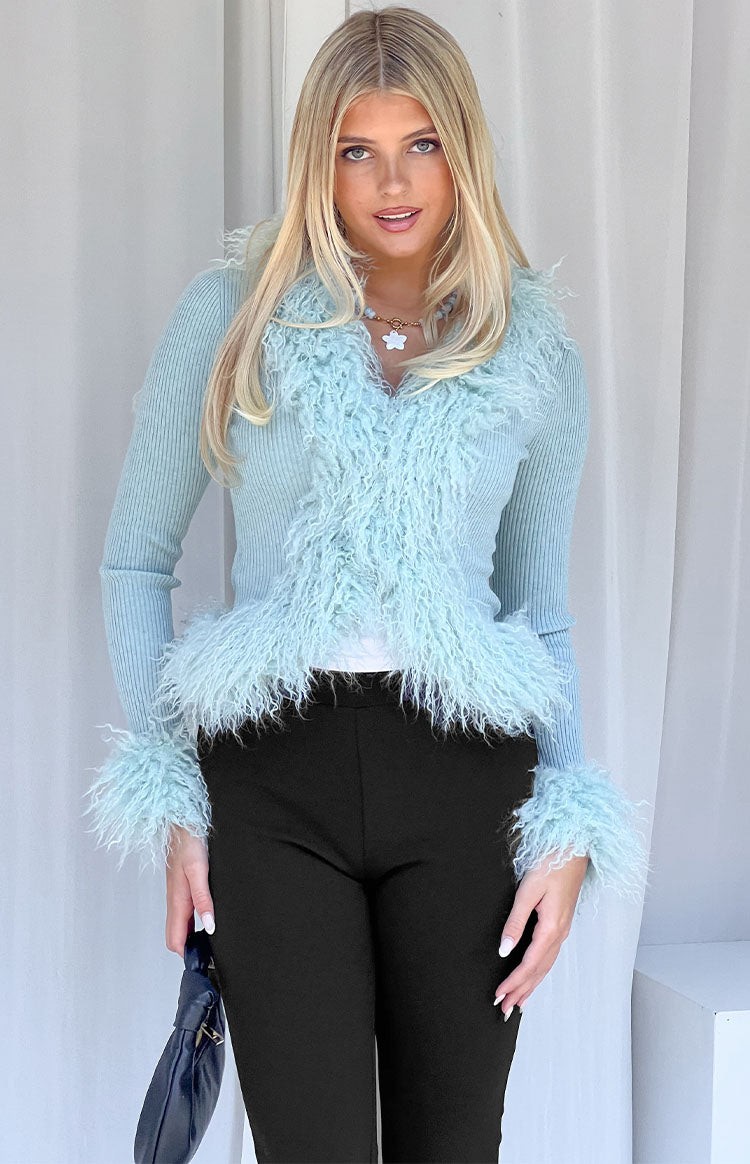Violetta Mint Green Fur Trim Knit Cardigan view 3